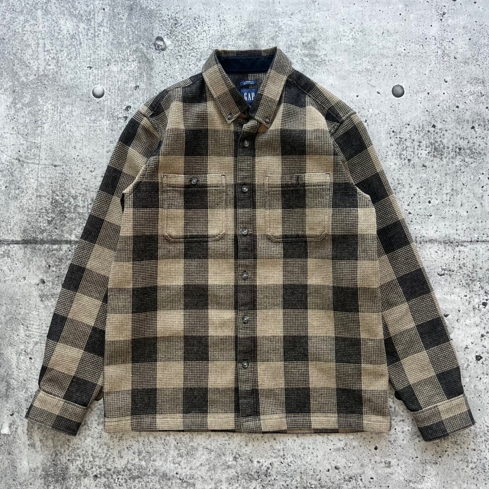 Gap Shirt Mens Medium Black Tan Waffle Knit Plaid Buffalo Grid Button Down
